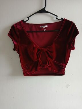 Reformation Burgundy Velvet Bow-Front Crop Top
